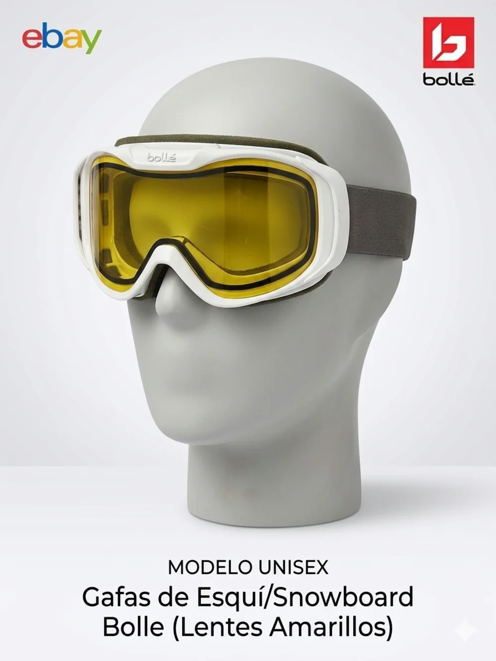 bolle Ski Snowboard Goggles White Frame with Yellow Lens and Gray Strap